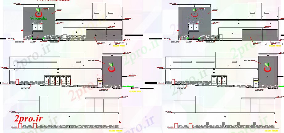 دانلود نقشه هایپر مارکت  - مرکز خرید - فروشگاه مرکز خرید شهرستان تمام جزئیات نما طرفه  (کد78283)