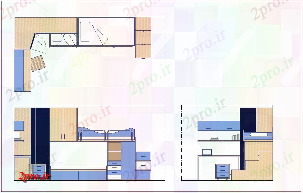 دانلود نقشه دو تخته  طرح، نما و نمای جانبی از طراحی تخت دو نفره با مبلمان  (کد78304)