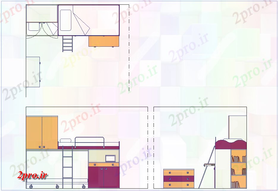 دانلود نقشه اتاق خواب مستر دار طرح، نما و نمای جانبی از اتاق خواب (کد78343)