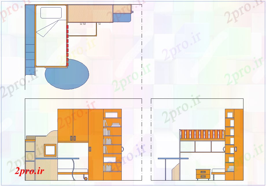 دانلود نقشه اتاق خواب مستر دار طرحی اتاق خواب، نما و سمت  (کد78367)