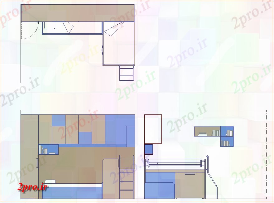 دانلود نقشه اتاق خواب مستر دار طرح، نما و نمای جانبی از تخت تک (کد78370)
