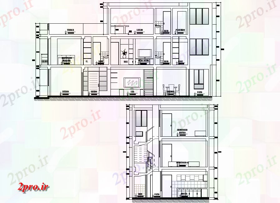 دانلود نقشه مسکونی ، ویلایی ، آپارتمان بخش تک خانواده طرحی خانه جزئیات 14 در 30 متر (کد78399)
