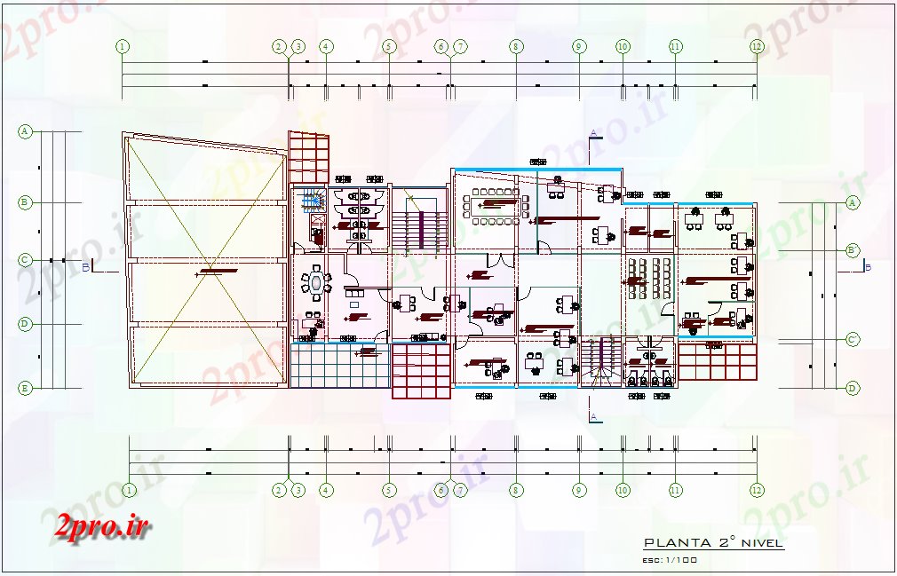 دانلود نقشه ساختمان دولتی ، سازمانی طرحی طبقه دوم ساختمان دولتی ، سازمانی با نمای معماری 17 در 29 متر (کد78418)