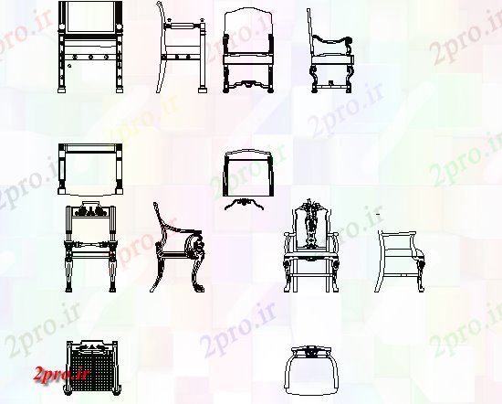 دانلود نقشه بلوک میز و صندلیجزئیات بخشی از نمای بالا و نمای جلو از صندلی (کد78524)