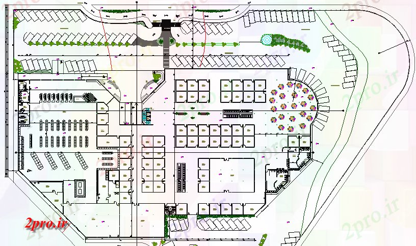 دانلود نقشه هایپر مارکت  - مرکز خرید - فروشگاه محوطه سازی با جزئیات طرحی ساختاری مرکز خرید (کد78548)