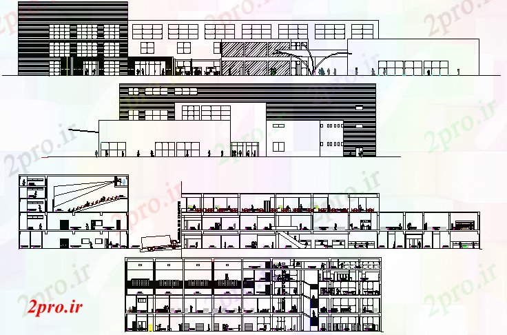 دانلود نقشه هایپر مارکت - مرکز خرید - فروشگاه همه نما و مقطعی جزئیات طرفه از چند طبقه مرکز خرید 30 در 70 متر (کد78553)