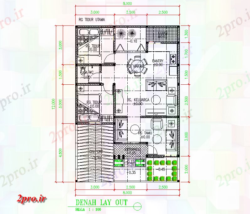 دانلود نقشه هتل - رستوران - اقامتگاه خانه کوچک طراحی 8 در 12 متر (کد78580)