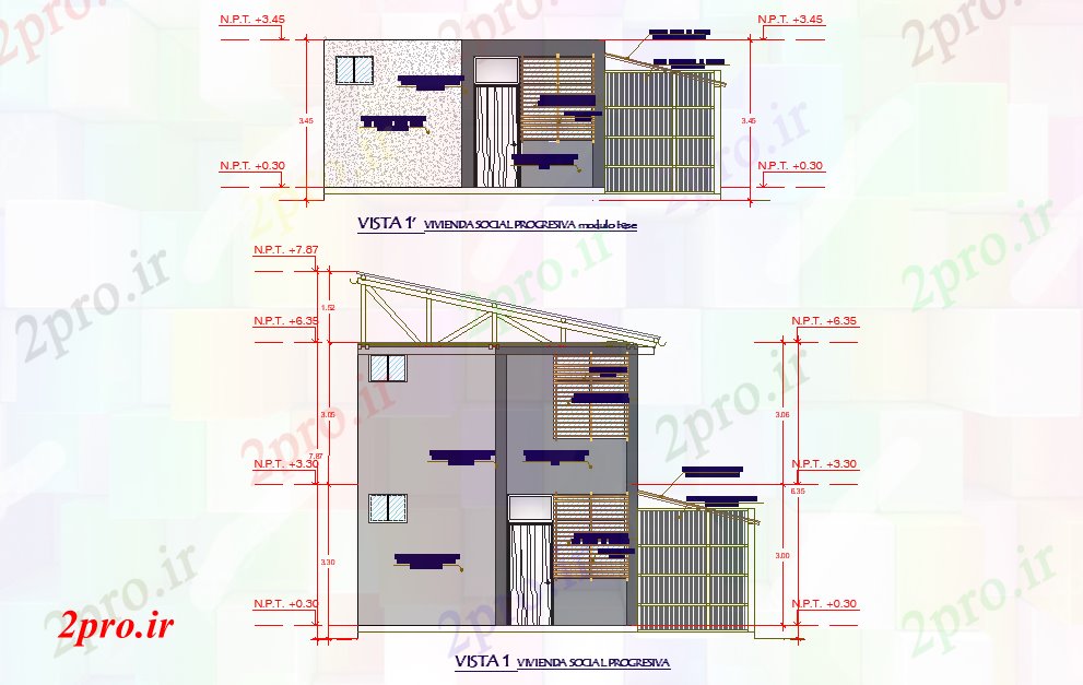 دانلود نقشه مسکونی ، ویلایی ، آپارتمان نما از مسکن اجتماعی 8 در 10 متر (کد78656)