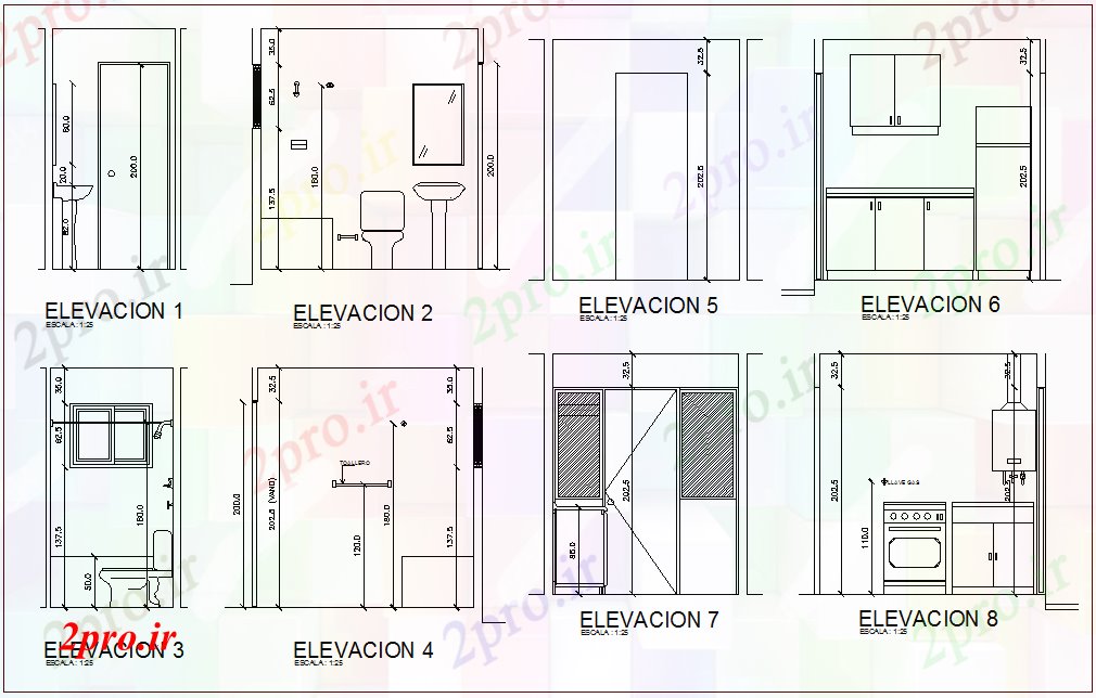 دانلود نقشه بلوک حمام و توالتحمام و آشپزخانه  متفاوت به طرف برای آپارتمان   با منظره های معماری (کد78702)