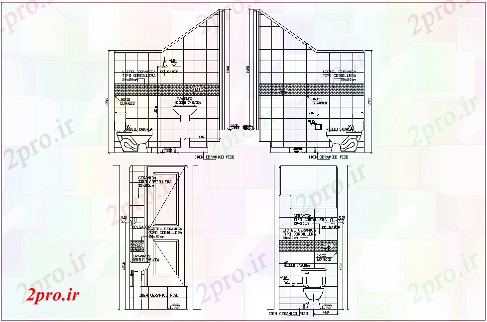 دانلود نقشه بلوک حمام و توالتطراحی اتاق حمام با نمای جانبی برای آپارتمان   (کد78705)