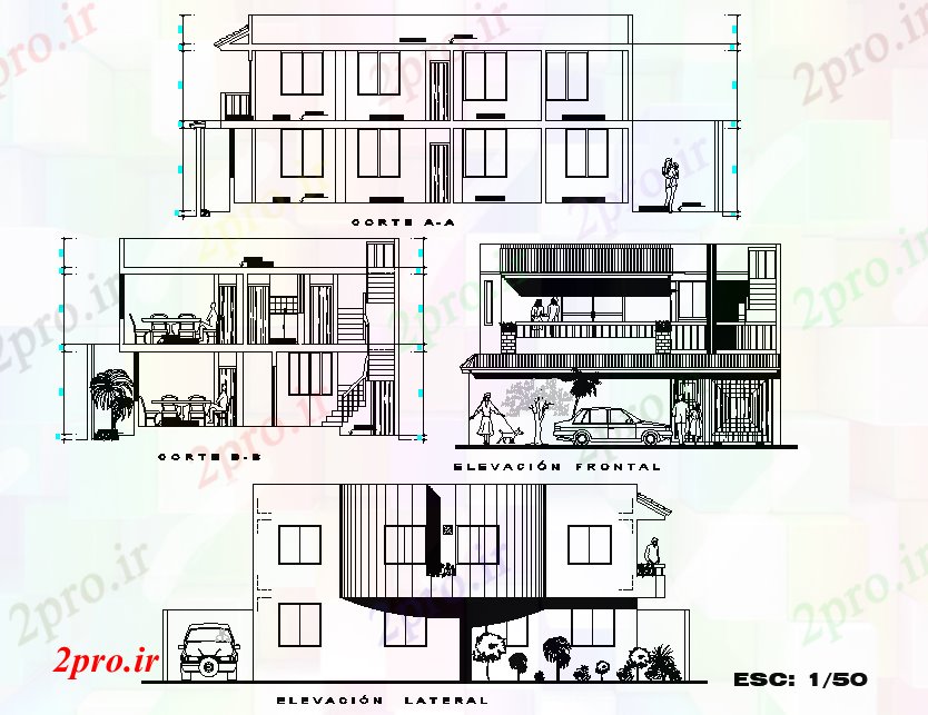 دانلود نقشه مسکونی ، ویلایی ، آپارتمان نما و بخش خانه 9 در 14 متر (کد78925)