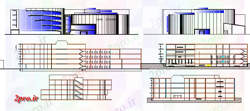 دانلود نقشه هایپر مارکت - مرکز خرید - فروشگاه جبهه و نما پشت و مقطعی از مرکز خرید 71 در 110 متر (کد78980)