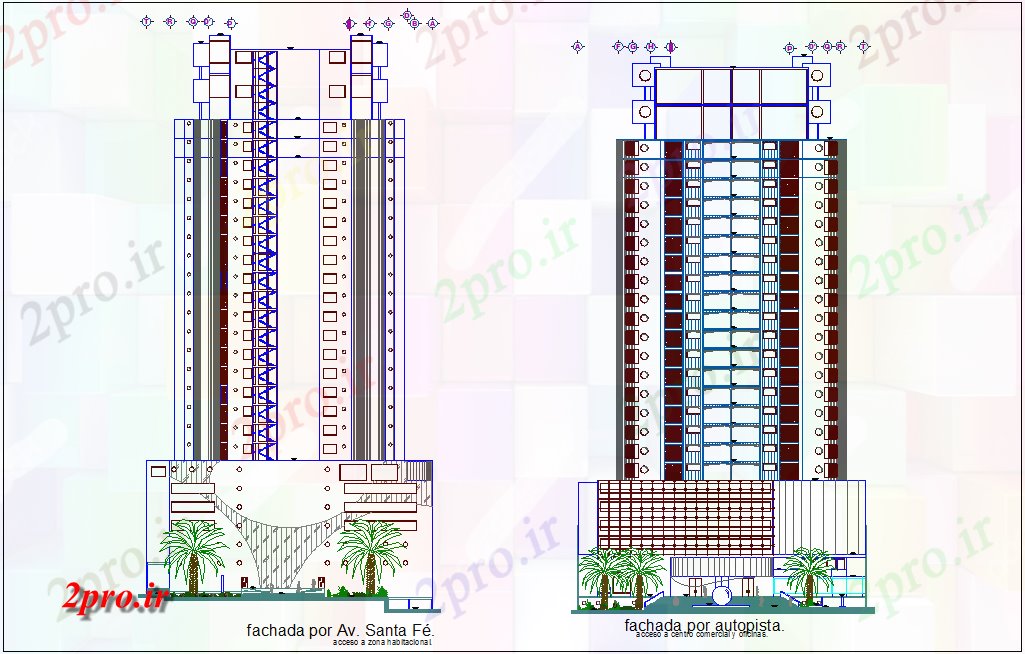 دانلود نقشه ساختمان مرتفعبرج نما محور های مختلف با دیدگاه های معماری 32 در 40 متر (کد78992)