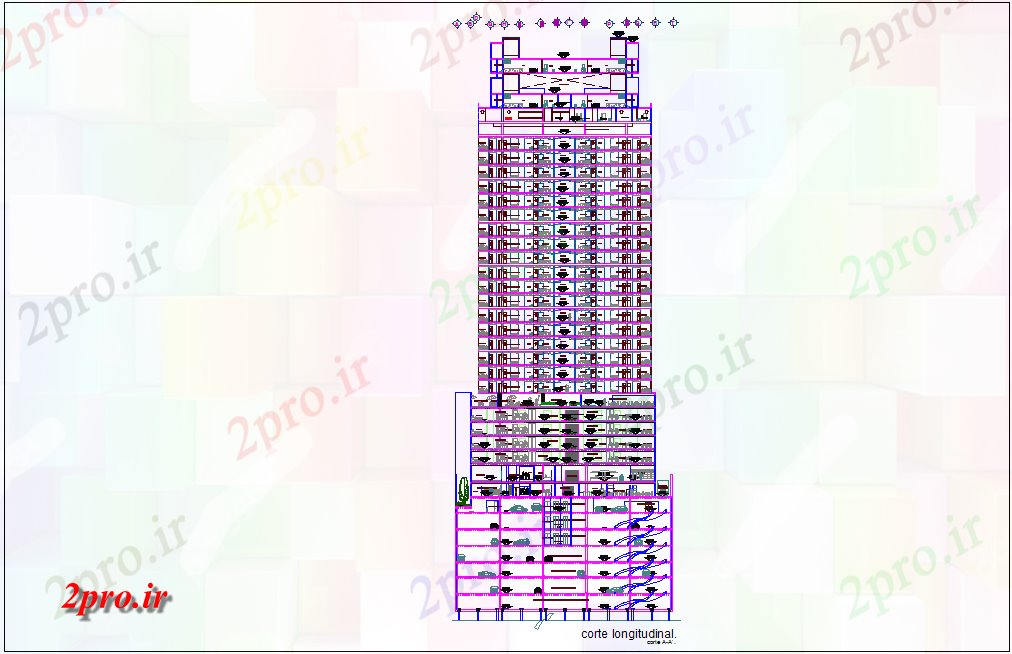 دانلود نقشه ساختمان مرتفعبخش محور  بخش A-A 'از ساختمان بلند با نمای معماری (کد79003)