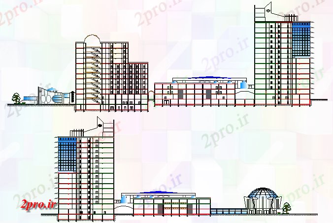 دانلود نقشه هایپر مارکت  - مرکز خرید - فروشگاه نما جلو و جزئیات مقطعی از مرکز خرید (کد79040)