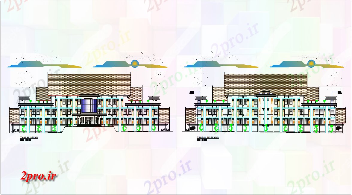 دانلود نقشه ساختمان دولتی ، سازمانی جبهه و نما برای دفتر دولت با نمای معماری 10 در 26 متر (کد79124)