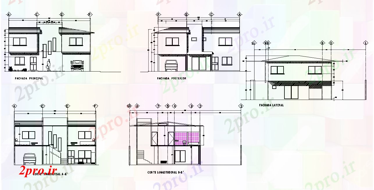 دانلود نقشه مسکونی ، ویلایی ، آپارتمان جزئیات نما و بخش خانه با 2 طبقه 10 در 12 متر (کد79175)