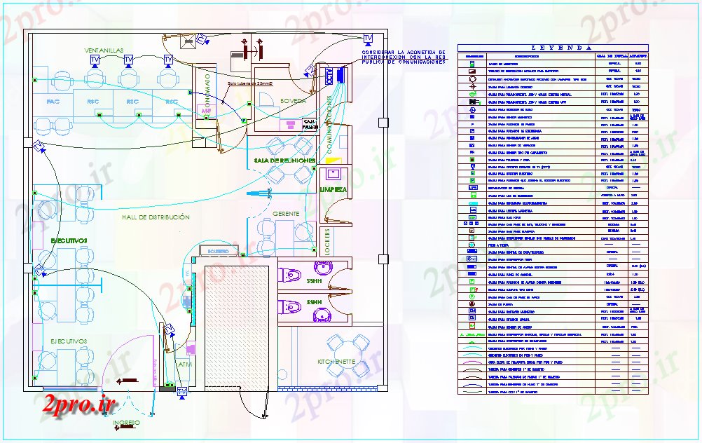 دانلود نقشه طراحی داخلی واحد TV  خط برق برای IIEE منطقه دفتر با  افسانه آن (کد79189)