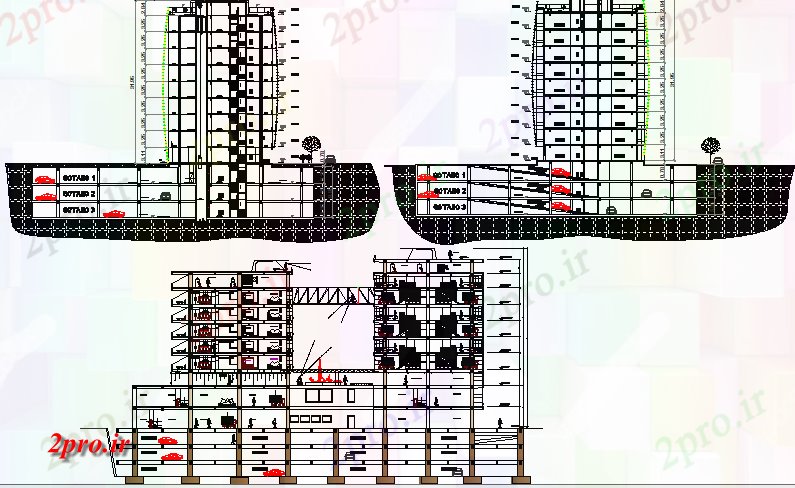 دانلود نقشه ساختمان مرتفعبلند نما ساختمان شرکت های بزرگ و جزئیات مقطعی 39 در 86 متر (کد79243)