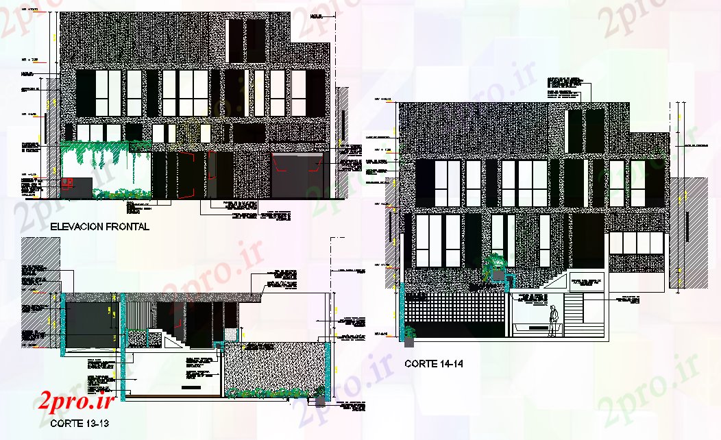 دانلود نقشه مسکونی ، ویلایی ، آپارتمان نما و بخش اقامت طرحی خانه 14 در 22 متر (کد79375)