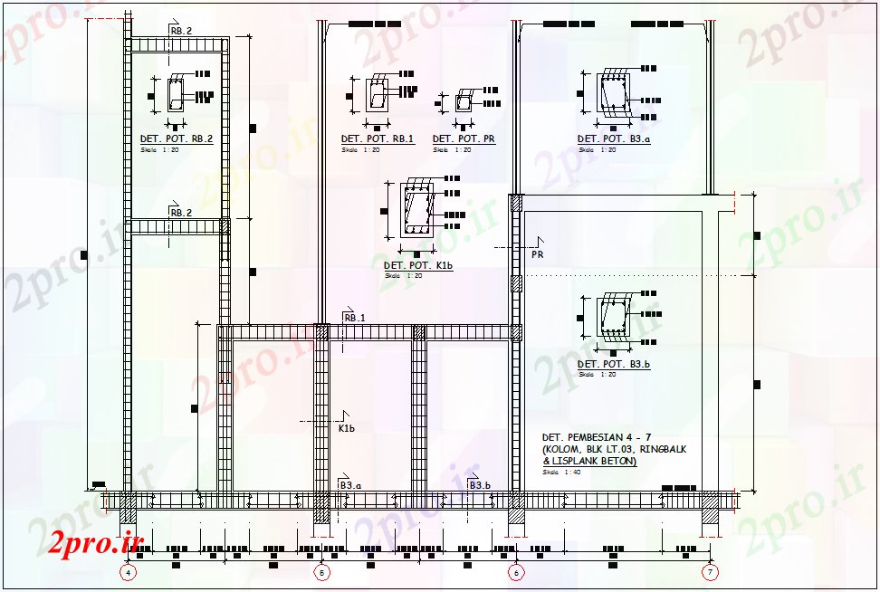 دانلود نقشه ستون ستون و حلقه سیاه و سفید 4/7 نما با  جزئیات برای ساخت و ساز شرکت های بزرگ (کد79394)