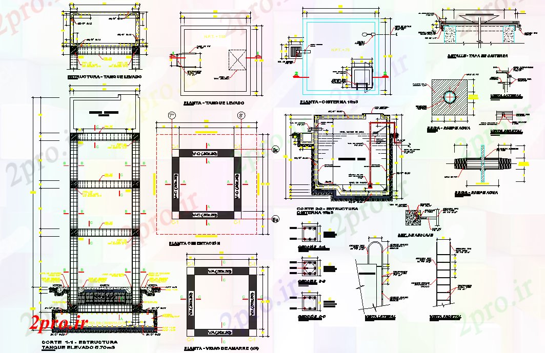 دانلود نقشه جزئیات ساخت و ساز طرحی مخزن بالا، نما و ، قسمت های اتوکد (کد79509)