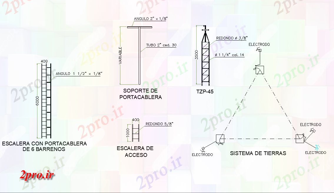 دانلود نقشه جزئیات ساخت و ساز نردبان با 6 سوراخ دارنده کابل   (کد79543)