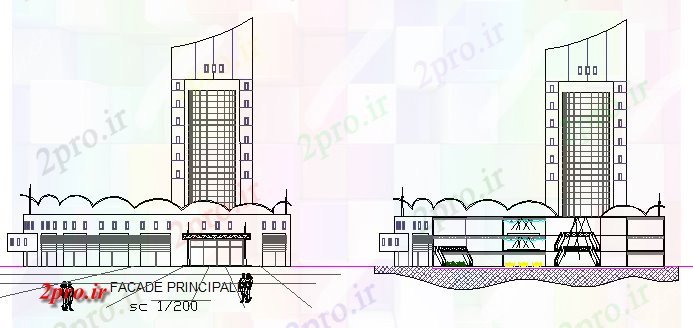 دانلود نقشه هایپر مارکت - مرکز خرید - فروشگاه جلو و نمای نما پشت چند سطح مرکز خرید 60 در 70 متر (کد79650)