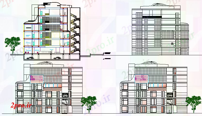 دانلود نقشه بانک ها بانک نماات ساختمان دفتر مرکزی و جزئیات مقطعی 29 در 32 متر (کد79681)