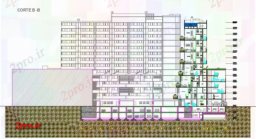 دانلود نقشه ساختمان مرتفعبلند نما ساختمان شرکت ها و دیدگاه مقطعی (کد79684)