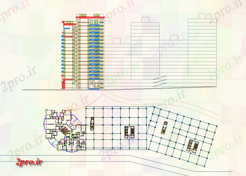 دانلود نقشه ساختمان مرتفعبلند آپارتمان طراحی ساختمان 33 در 34 متر (کد79729)