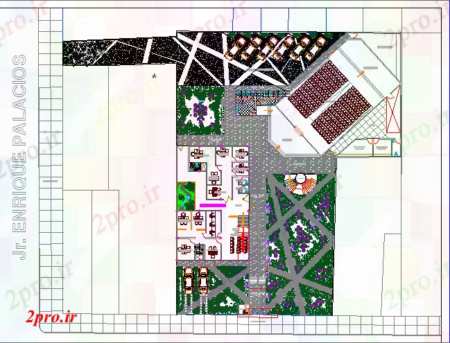 دانلود نقشه ساختمان اداری - تجاری - صنعتی محوطه سازی دفتر اداری با ساختار جزئیات 15 در 24 متر (کد79765)
