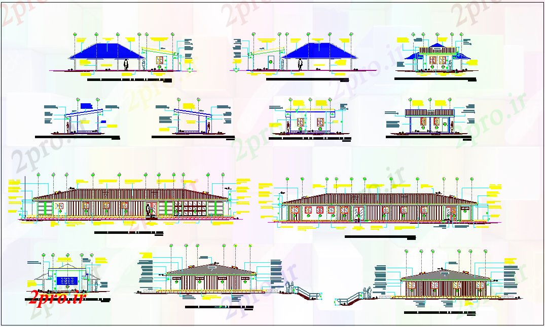 دانلود نقشه ساختمان اداری - تجاری - صنعتی نما از نظر های مختلف با دیدگاه معماری برای های اداری 12 در 28 متر (کد79876)