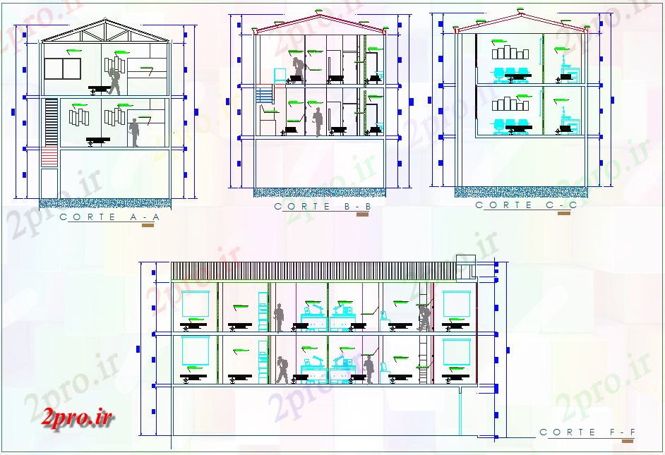دانلود نقشه ساختمان اداری - تجاری - صنعتی بخش با محور مختلف برای ساختمان اداری 8 در 19 متر (کد79877)