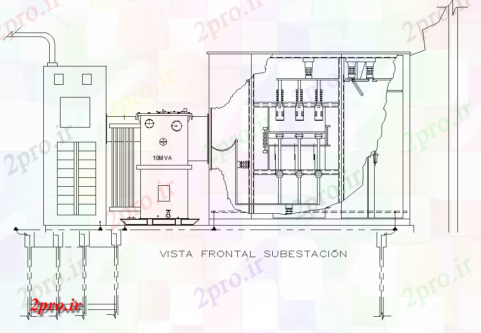 دانلود نقشه معماری نما جلو ایستگاه فرعی برق  طراحی (کد79886)