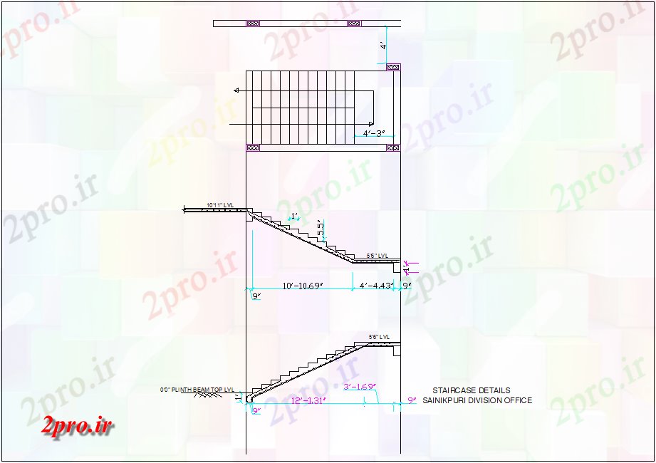دانلود نقشه جزئیات ساخت و ساز جزئیات مورد پله با نمای ساخت و ساز برای تقسیم  های اداری  سرباز (کد79942)