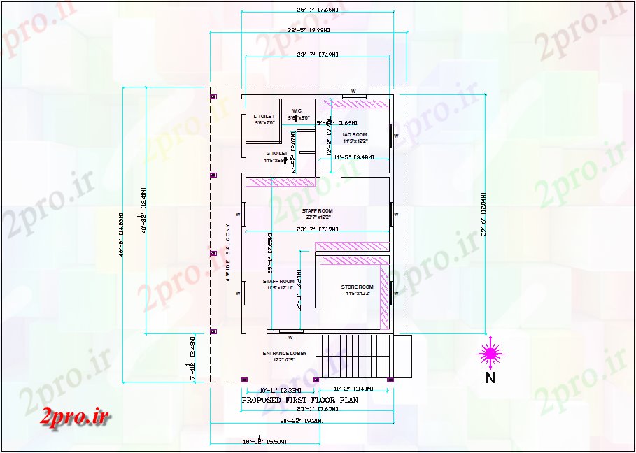دانلود نقشه ساختمان اداری - تجاری - صنعتی پیشنهادی طرحی طبقه اول منطقه دفتر 20 در 23 متر (کد79993)
