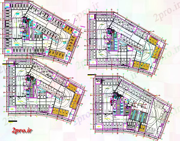 دانلود نقشه ساختمان اداری - تجاری - صنعتی جزئیات طراحی کف از دفتر گردشگری و چند دان ساخت 43 در 64 متر (کد80002)