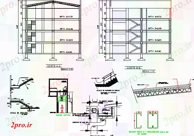 دانلود نقشه ساختمان اداری - تجاری - صنعتی برش دیدگاه مقطعی با جزئیات ساخت و ساز راه پله از ساختمان اداری 16 در 17 متر (کد80005)