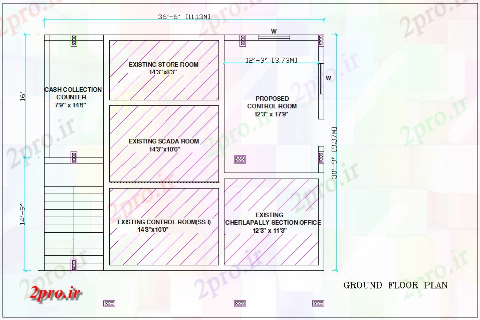 دانلود نقشه ساختمان اداری - تجاری - صنعتی طرحی کلی طرحی طبقه همکف اداری با نمای معماری 20 در 23 متر (کد80027)