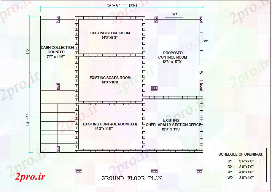 دانلود نقشه ساختمان اداری - تجاری - صنعتی درب و پنجره برنامه باز کردن در طرحی طبقه همکف دفتر 20 در 23 متر (کد80028)