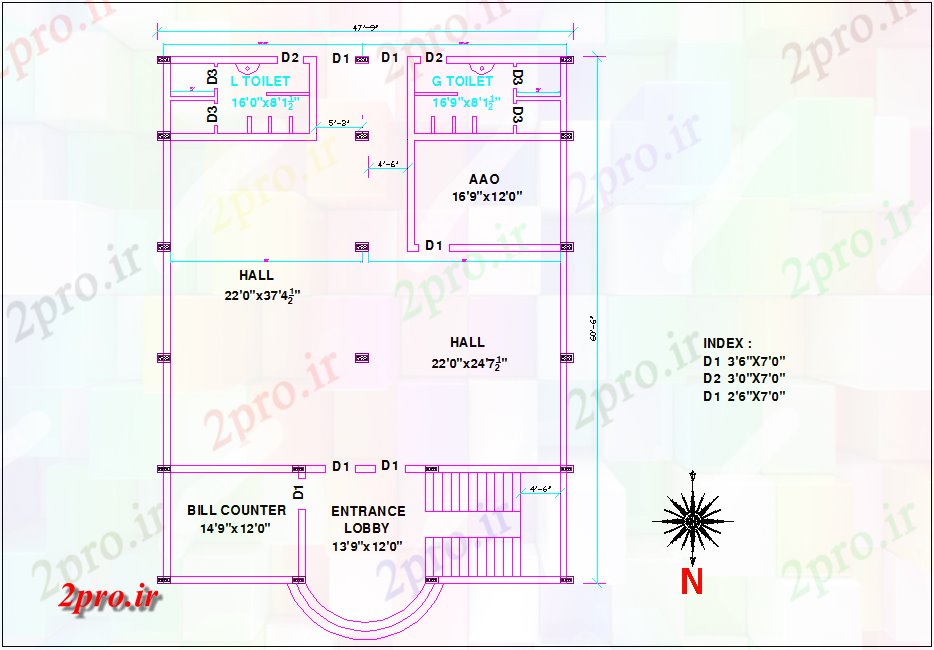 دانلود نقشه ساختمان اداری - تجاری - صنعتی پان کف از دفتر با نمای معماری 20 در 23 متر (کد80071)