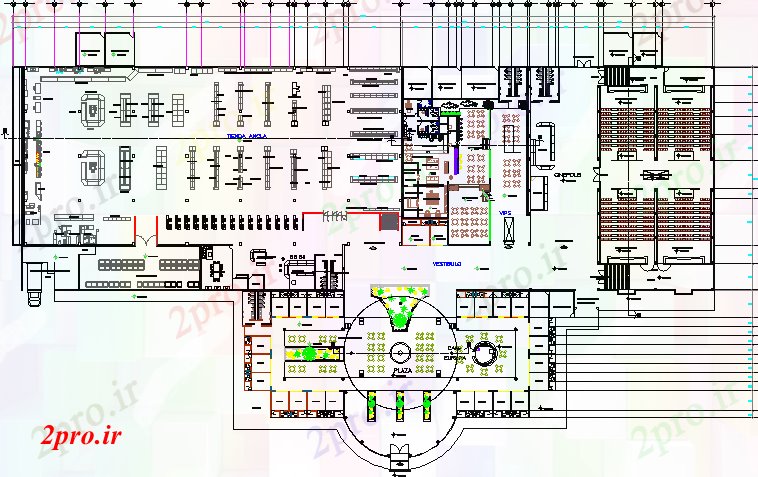 دانلود نقشه هایپر مارکت  - مرکز خرید - فروشگاه طراحی معماری با مرکز خرید با  میدان (کد80146)