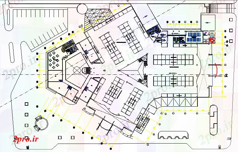 دانلود نقشه هایپر مارکت - مرکز خرید - فروشگاه نخست طرحی طبقه جزئیات طرحی از مرکز خرید 84 در 107 متر (کد80153)