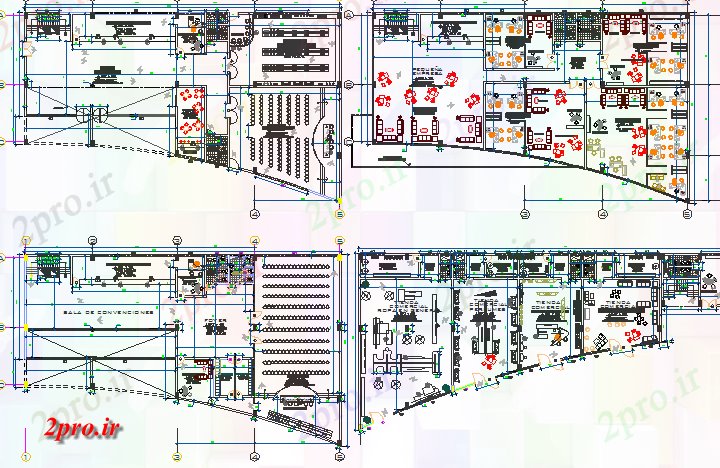 دانلود نقشه هایپر مارکت - مرکز خرید - فروشگاه زمین، اول، دوم و بالای جزئیات طراحی طبقه مرکز خرید 19 در 74 متر (کد80167)