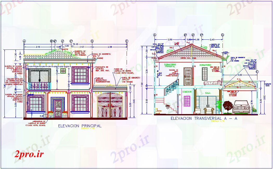 دانلود نقشه مسکونی ، ویلایی ، آپارتمان نمای با نمای محور مختلف برای ساخت و ساز خانه برای دو سطح 12 در 15 متر (کد80174)