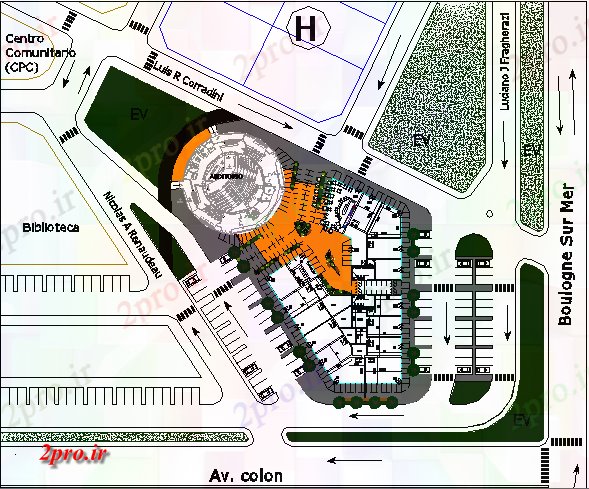 دانلود نقشه هایپر مارکت - مرکز خرید - فروشگاه طرحی سایت با محوطه سازی جزئیات مرکز خرید 114 در 120 متر (کد80203)