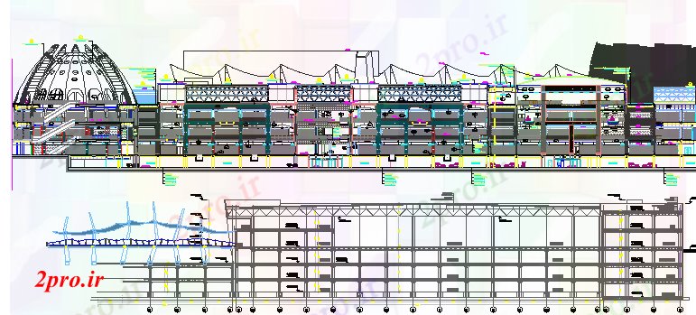 دانلود نقشه هایپر مارکت  - مرکز خرید - فروشگاه نما عقب و  مقطعی از نوع سنتی مرکز (کد80215)