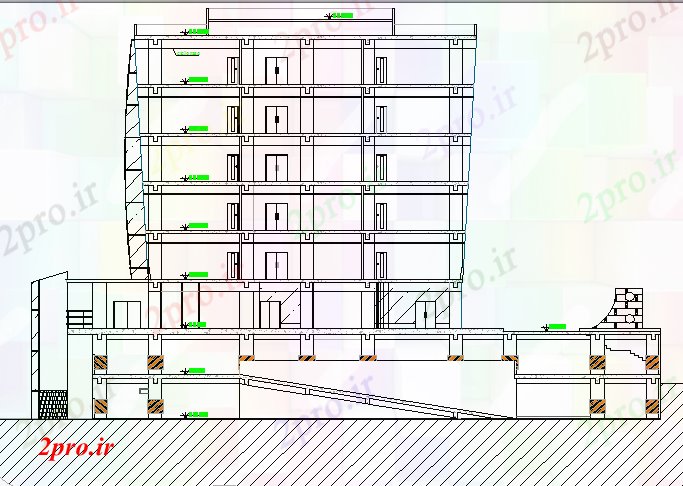 دانلود نقشه ساختمان اداری - تجاری - صنعتی جزئیات تماس مقطعی از دفتر چند سطح ساخت و ساز 23 در 34 متر (کد80255)