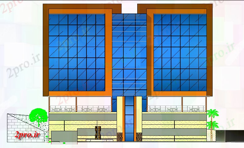 دانلود نقشه ساختمان اداری - تجاری - صنعتی جزئیات نما مقابل دفتر چند طبقه ساخت 23 در 34 متر (کد80257)
